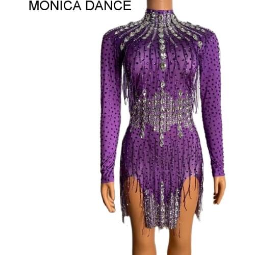 Women Sexy Rhinestones Purple Tassel High Neck Short Dress Birthday Prom Celebration Crystals Dress Latin Dance Fringe Costume
