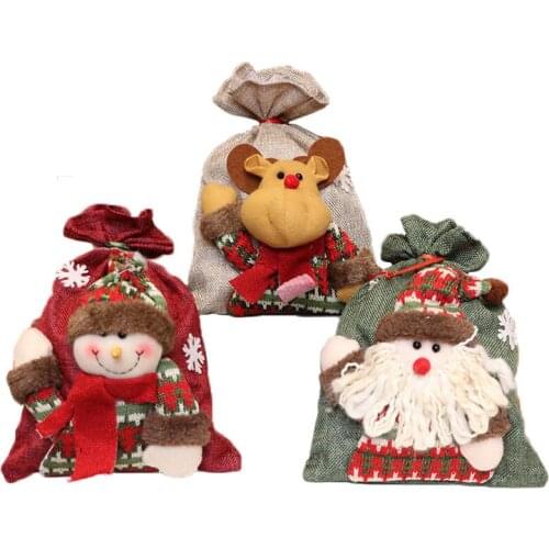 Santa Claus Snowman Elk Linen Drawstring Gift Bag Christmas Decoration Gift Holders