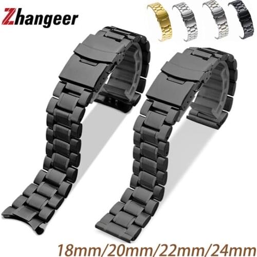 Stainless Steel Watchband 18mm 20mm 22mm 24mm Double insurance Buckle Wristband Flat Interface Five beads Solid Steel Straps