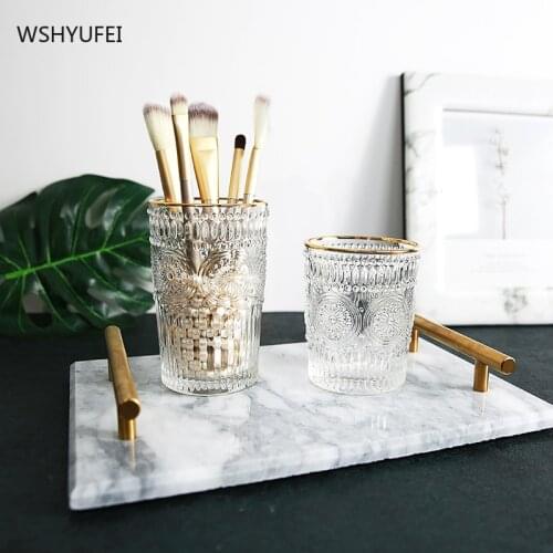 Nordic retro embossed sun flower Phnom Penh glass trace gold makeup brush holder pen holder wine glass toothbrush wash cup
