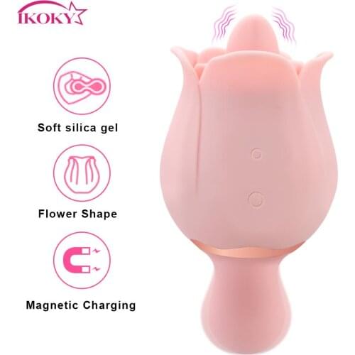 Tongue Licking Vibrator Dual Head Nipple Clitoris Massager Oral Sex G- Spot Stimulation Rose Shape Sex Toys for Women
