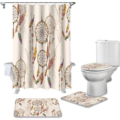 Retro Dreamcatcher Bathroom Curtain Set Bath Mat Sets Shower Curtains with Hooks Non-Slip Pedestal Rug Toilet Cover