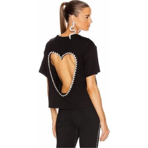 DEIVE TEGER 2021 Summer Womens T-shirt Fashion Back Hollow Out Heart-shape Diamonds Decoration Short Sleeve T-shirts