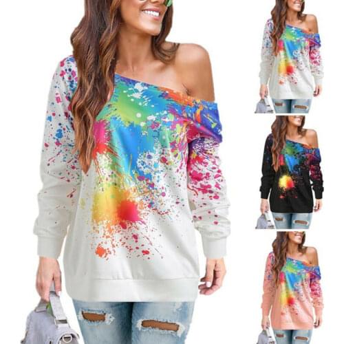 New Autumn Winter Womens Print Hoodies Ladies Long Sleeve Casual Loose One Shoulder Sweatshirts Tops Plus Size XXL