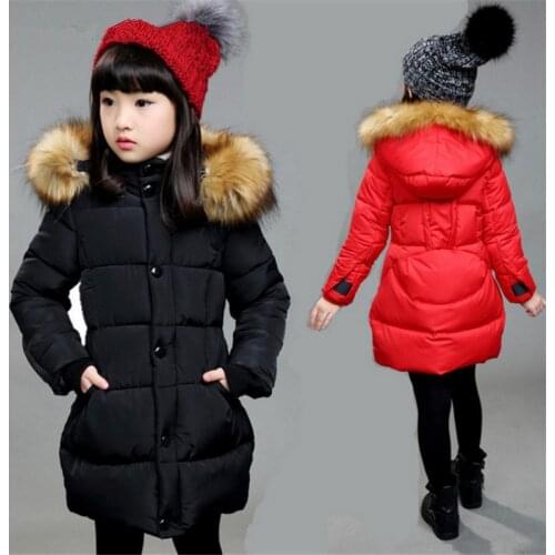 4-14T Children Girls Winter Coats Cotton-padded Jacket Parka Outerwear Fashion Fur Collar Solid Slim Child Outer Clothing