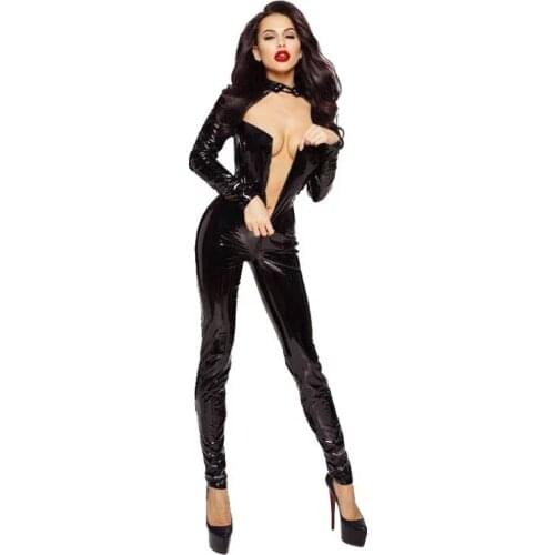 Sexy Gothic Bodysuit PU Leather Jumpsuit Women Wetlook Club Outfits See Through One Piece Outfit Woman Party Bodycon Jumpsuit
