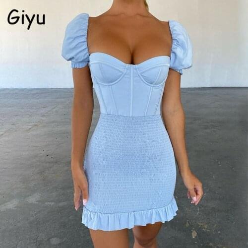 Giyu Ruffles Women Dresses 2021 Summer Bodycon Sexy Square Neck Ruched Mini Club Party Dress Backless Puff Sleeve Short Vestidos