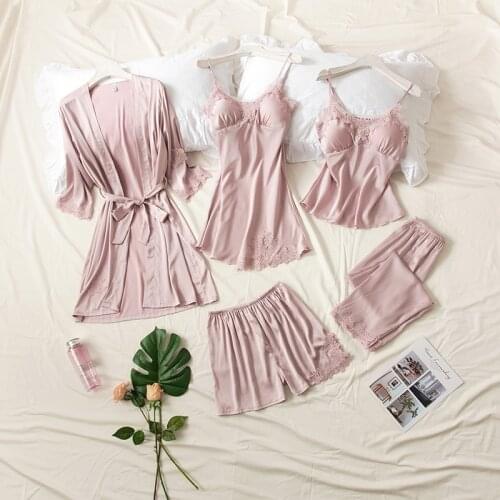 Women Silk Sexy Summer Lingerie Pijiama Satin Spaghetti Strap Pajamas Gown Korean Robes Five Piece Pajama Sets Pink Sleepwear