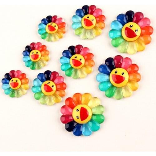 100pcs 23/28/35mm Lovely Colorful Fashion Cute Smiling Face Sunflower Resin Charms for DIY Hair Accessories Jewelry Making