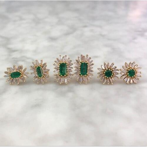 2019 luxury iced out sparking square CZ geometric studs white green cubic zirconia simple fashion baguette earring