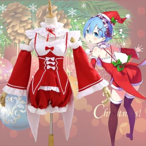 2020Re:Life In A Different World From Zero Red Christmas Xmas Cosplay Costume Socks Wig Rem Ram Women Lady Winter Warm Suit