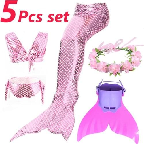 5PCS Girls Mermaid Tails Monofin Swimsuit Kawaii Kids Bath Suit Summer Beach Suit Mermaid Cosplay Costume for Girls Swimming Fin