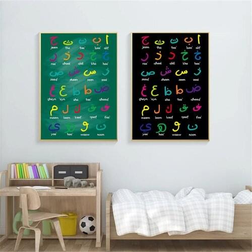 Arabic Calligraphy Wall Art Print Islamic Alphabet Canvas Painting Nursery Art Poster Nordic Wall Pictures Baby Kids Room Decor