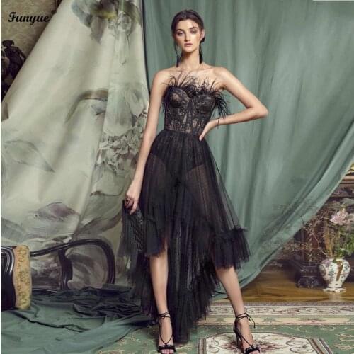 Funyue A line Black Short Prom Dresses 2021 High Low Party Gowns Sexy Robes De Cocktail Lace Tulle Feathers Summer Formal Dress