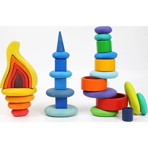 Children Montessori toy Wooden Building Block Early Education Educational Toys Tree Flame House Stone Rainbow Blocks Wooden Toys