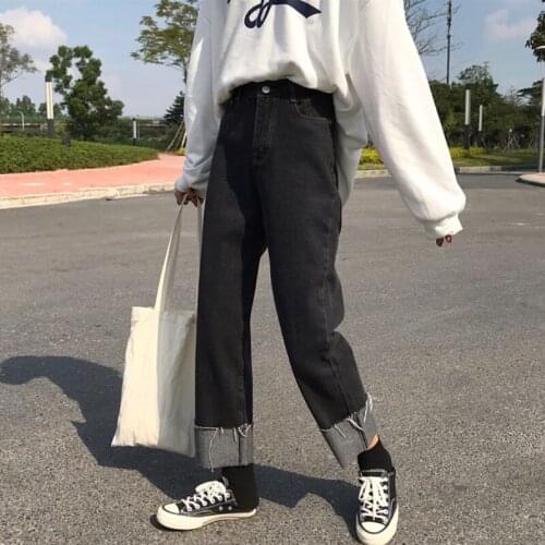Jeans Women Black Solid Streetwear All Match Full Length Womens Korean Style Jean Straight Casual Denim Famales Vintage Trousers
