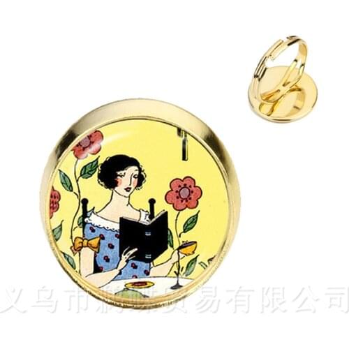 Bookworm Rings Library Jewelry Glass Cabochon Book Reading Books Photo Silver/Plated 2 Color Rings Librarian Gifts