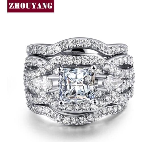ZHOUYANG Wedding Ring Set For Women Classic Princess Cut Cubic Zirconia 3 Rings Set Silver Color Party Gift ZYR643 ZYR711