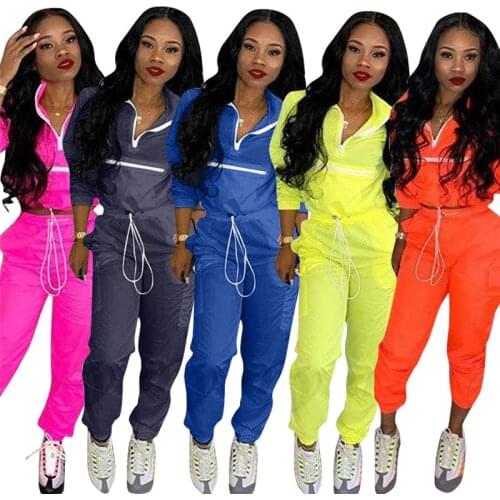 Fitness Fashion 2 Pcs Set Women Casual Zipper Tops Long Sleeve Turn-Down Neck Lace Up Pockets Sport Suits Long Pants Tracksuit
