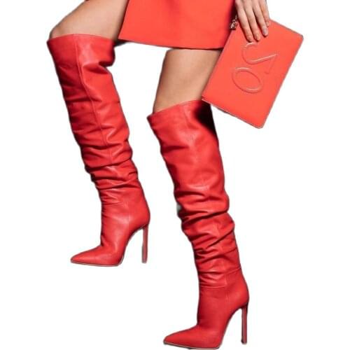 Leather Over The Knee Boots Pleated Thin High Heel Dress Women Shoes Sexy Pointed Toe Slouch Ladies Shoes Runway