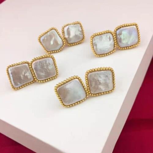 Square Shape Natural Freshwater Baroque Pearl Stud Earrings