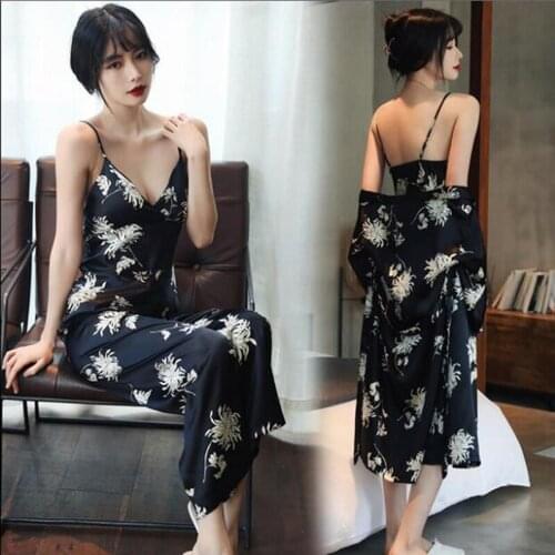 Summer Women New Rayon 4PCS Robe Gown Set Nightdress Full Sleeve&Pant Bathrobe Loose Home Wear Print M-XXL Lingerie Pajamas Suit