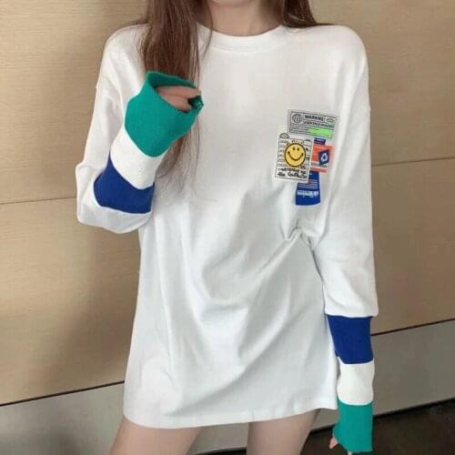 Patchwork Long Sleeve T-shirt Loose Cotton Large Size Tee Shirt Casual Womens Fashion 2021 Mujer Camisetas Korean Style