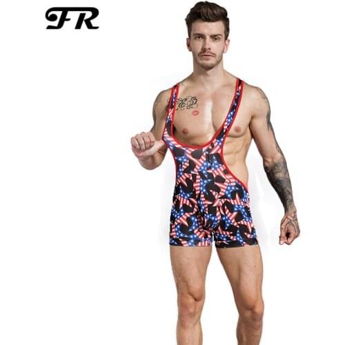 FR New Mens American Flag Printing Underwear,High Waist Mens Bodysuits,Mens Suspender Jockstrap Wrestling Singlet Underwear
