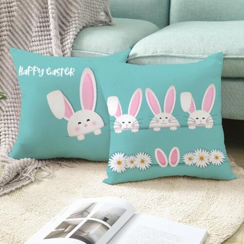 Pillow Cover Easter Decoration Smooth Closure Rabbit Print Decor Home Cushion Cover Home Decro Green Blue Pillowcase 45x45cm