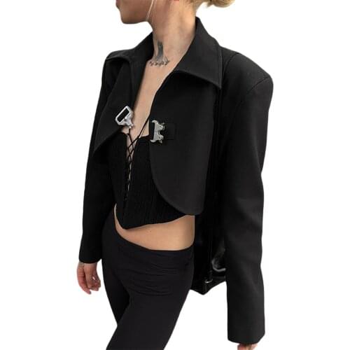 Hirigin New Women Fashion Suit Jacket Solid Color Tailored Collar Long Sleeves Super Short Wrap Coat with Buckle for Ladies