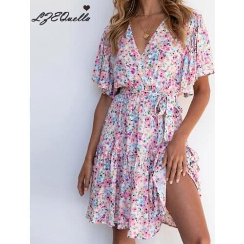 Boho Floral Print A Line Mini Dress Sexy Short Sleeve V Neck Dresses Holiday High Waist Ruffles Pleated Party Vestidos NZ3572