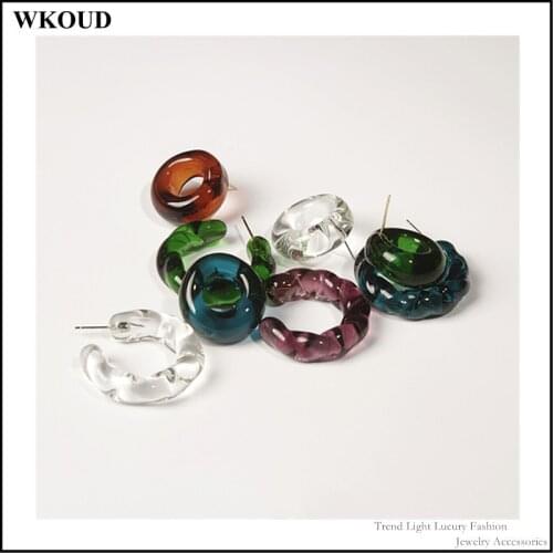 1 Piece Korean Summer New C-shaped Translucent Glass Fashionable Colorful Geometric Round Stud Earrings for Women Jewelry 2021