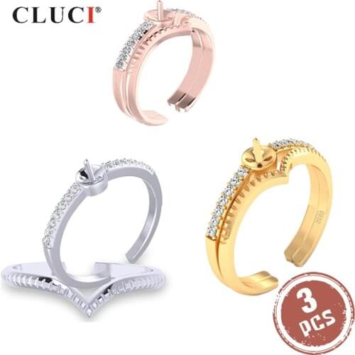 CLUCI 3pcs 925 Sterling Silver Double Zircon Women Rings Jewelry Adjustable Pearl Ring Mounting Silver 925 Crown Rings SR2216SB