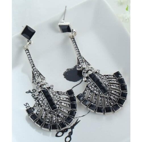 YaYi Jewelry Fashion BOHO Black Glass Crystal Rhinestone Dangle Women Ancient Gold Color Wear Ear Band Long Tassel Earrings