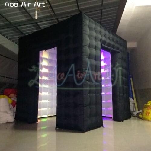2.4m Black outside led square tent inflatable photo booth used for rental and wedding party for Chile with foldable door curtain