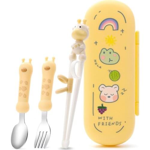 4Pcs/Set Children Tableware Cartoon Deer Anti-scald Stainless Steel Spoon Fork Chopsticks Set for Toddler cosas de bebe utensils