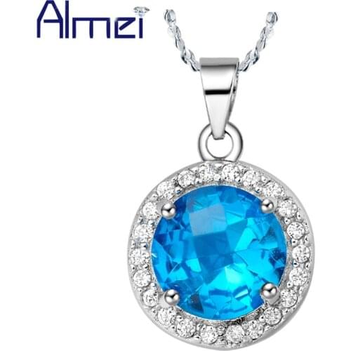 Almei Wedding Silver Color Charms Korean Choker Necklace 2017 Round Blue Stone Crystal Zircon Pendant for Women Accessories N385