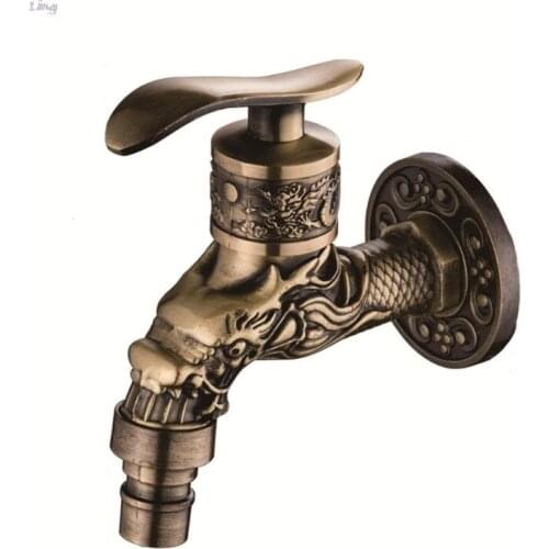 Antique Bronze Bathroom Sink Faucet Dragon Washing Machine Tap Wall Mounted Tap