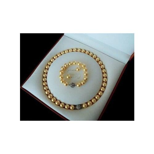Jewelry 001318 Rare 10mm Real South Sea Golden Shell Pearl Necklace Bracelet Earrings Set AAA