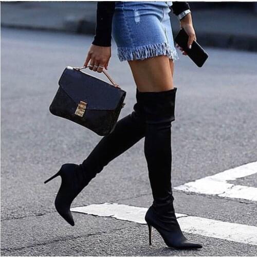 Black Purple botas mujer Sexy 9 cm Thin High heels Ladies Shoes Fashion Slip on Over The knee Boot Comforable Stretch Sock Boots