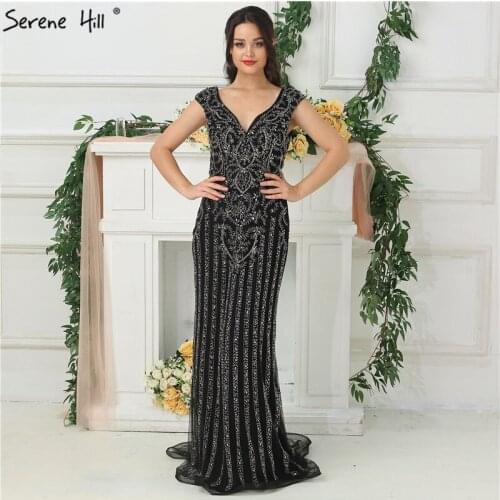 Dubai Black Luxury Sexy Mermaid Evening Dresses 2020 New Diamond Sequined Sleeveless Evening Gowns Real Photo LA6669