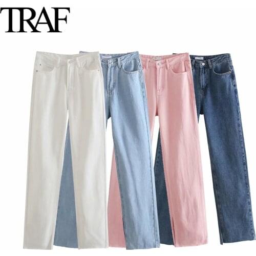 TRAF White Straight Leg Jeans for Women High Waist Mom Jean Fall New 2021 Baggy Denim Pants Loose Fashion Trousers