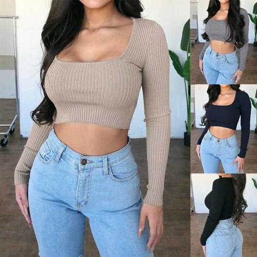 Women Sexy Deep U Short T-shirts Long Sleeves Autumn Spring Out Wear Tee Shirts Solid Color Crop Tops Slim Fit Tops Girls Cloth