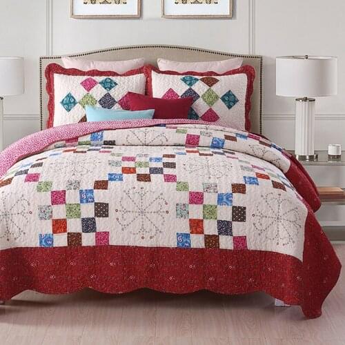 Handmade Patchwork Bedspreads Quilt Set 3-Pieces Floral Cotton Quilts Pillowcase Quilted Bed Cover King Queen Size Coverlet Sets