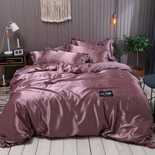 KOTUDENAVY Pure Satin Silk Bedding Set Lace Luxury Duvet Cover Set Single Double King Size Couple Quilt Covers White Gray Red