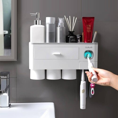 Magnetic Adsorption Inverted Toothbrush Holder Automatic Toothpaste Dispenser With Cup Toothpaste Bathroom Accessories Set