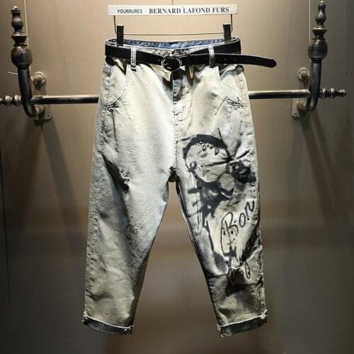 2021 New Women Denim Clothes Korea-styles Printing Diamond Beads Hole Students Harem-pants Vintage Ankle-length Jeans for Mujer