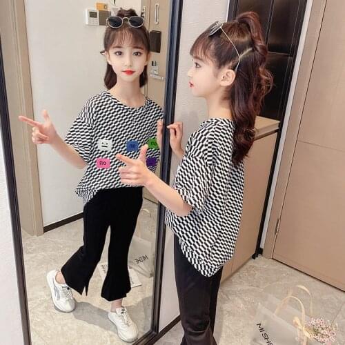 New Spring Autumn Fashion Chidlren Outfits Cotton Plaid Short Sleeve Tshirt And Flare Pants Casual Thin Clothing Set 8 10 12 14Y