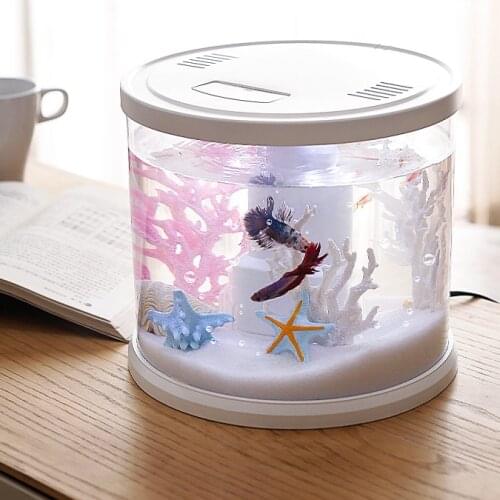 Landscape White Fish Tank Plastic Led Light Transparent Cylinder Fish Tank Office Aquaculture Peceras Aquarium Decor EI50YG