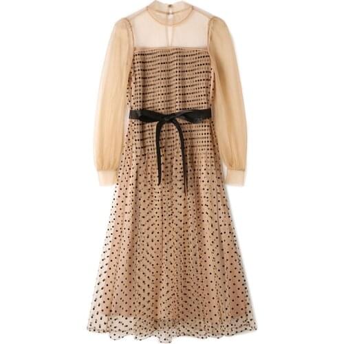 PERHAPS U Women Khaki Stand Collar Ruched Polka Dot Long Sleeve Sash A-line Midi Dress Elegant D2609